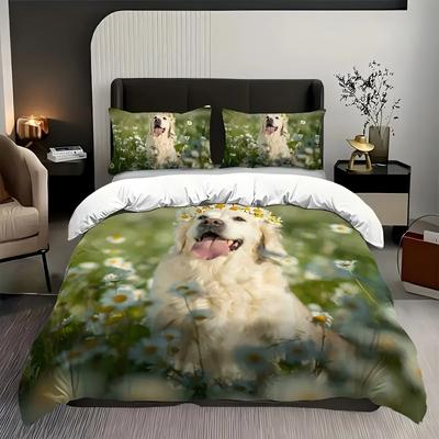 Cute Dog Wreath Flowers 3D Printed Quilt Cover Set Cute Playful Style Bedding Set Soft Comfortable Home Textiles Duvet Cover Set