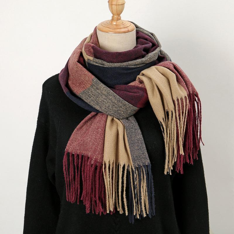 Contrasting color plaid imitation cashmere versatile scarf autumn and winter women's atmosphere fringed warm shawl scarf