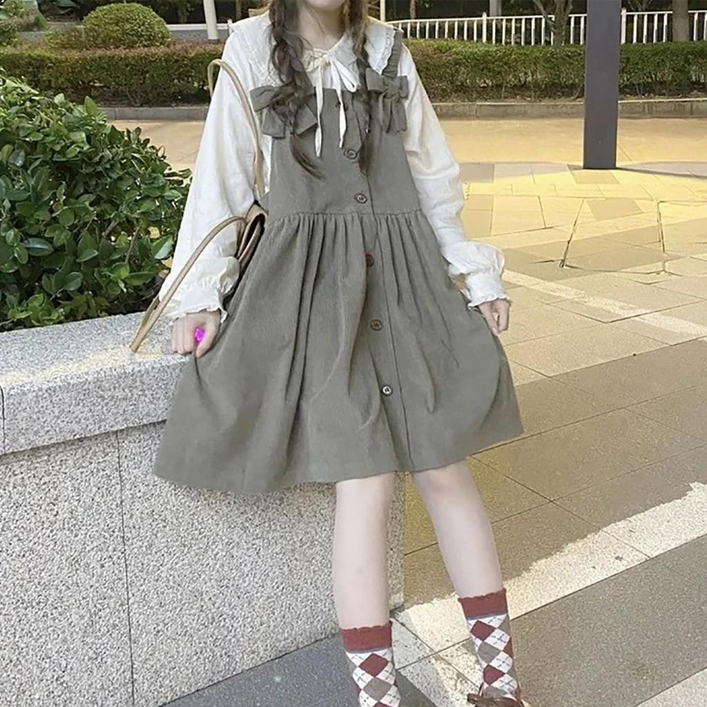 LAVASEON Overall Skirt Sweet Long Sleeve Lace and Pleated Mori Girl Perfect for Korean and School Festivals Women's 2-Piece Set, Mass-Produced Dress,