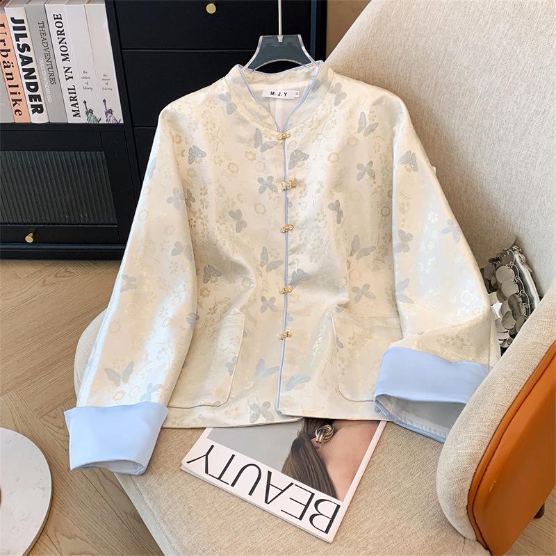 

High-End Silk Jacquard Color Block Jacket - Age-Reducing National Style, Plus Size Women s Spring Outerwear S
