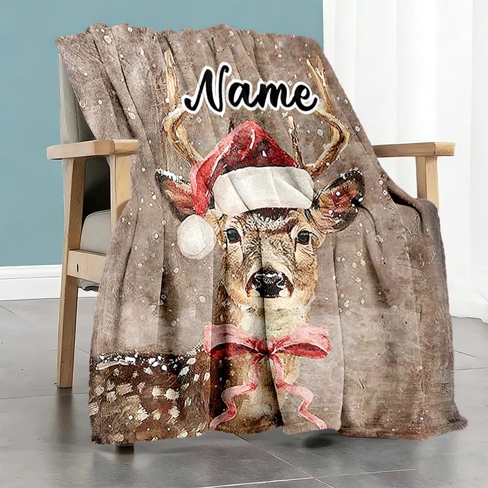 Snowy Deer Countryside Personalized Name Blanket Gift Customizable Blanket Soft Warm Cozy for Seaside Bedding Chair Living Room Ideal for All Seasons