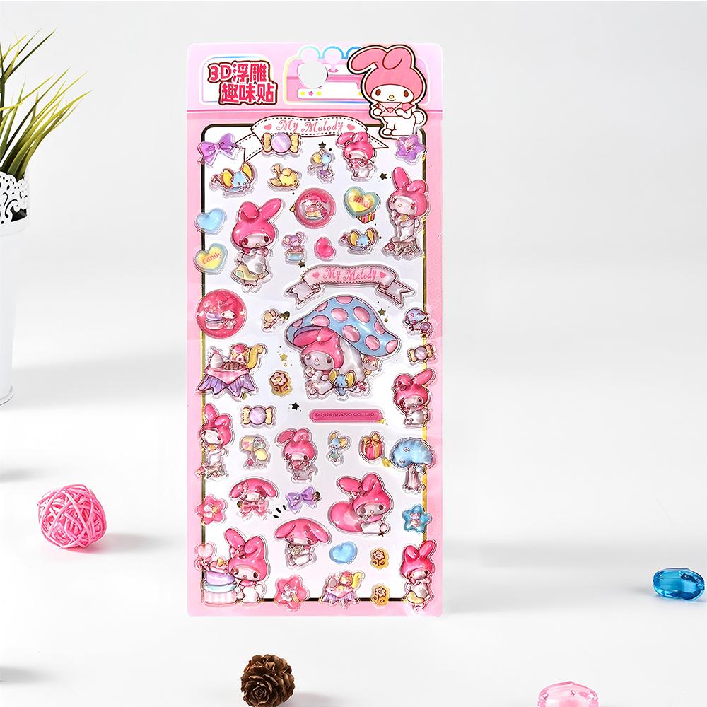 4pcs Anime Sanrio 3D Relief Stickers Aesthetic Cute Cartoon Kuromi My Melody Crystal Decals Toys Kawaii DIY Diary Laptop Phone