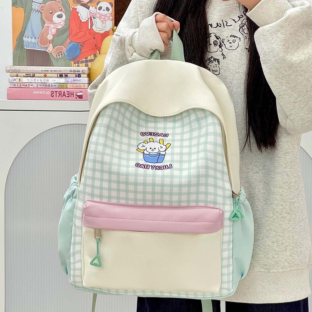 Schoolbag New ins Cartoon Puppy Backpack for Junior High School Students Large Capacity Fashion Versatile Plaid Lightweight Campus Backpack