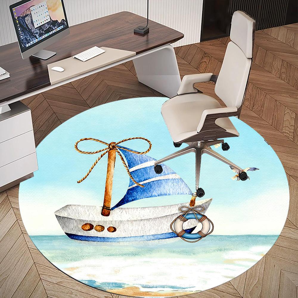 1pc Sailboat Seagulls Round Chair mat office Area Rug - Non-Slip, Floor Mat for Office, Bedroom, and Indoor Decor p127270