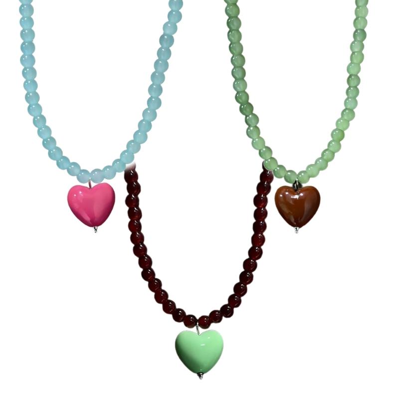 Adorable Heart Shaped Pendant Necklace Beaded Clavicle Chain With 6mm Glass Beads Ideal For Casual Or Party