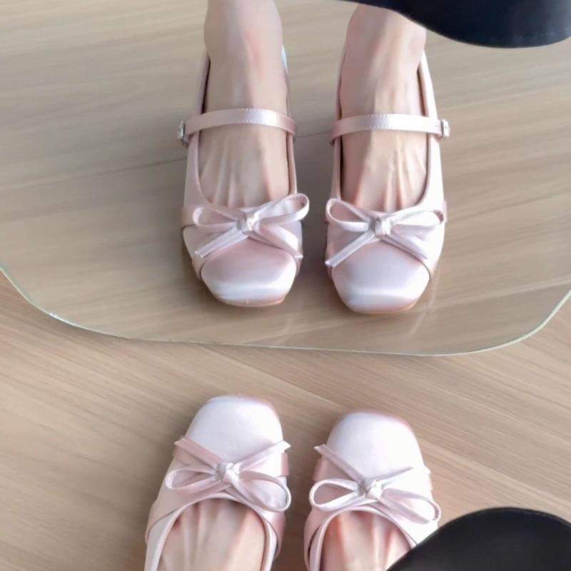 Small Inside Heightened Apricot Bow High Heel Mary Jane Shoes Women's New Square Toe Block Heel Single Shoes