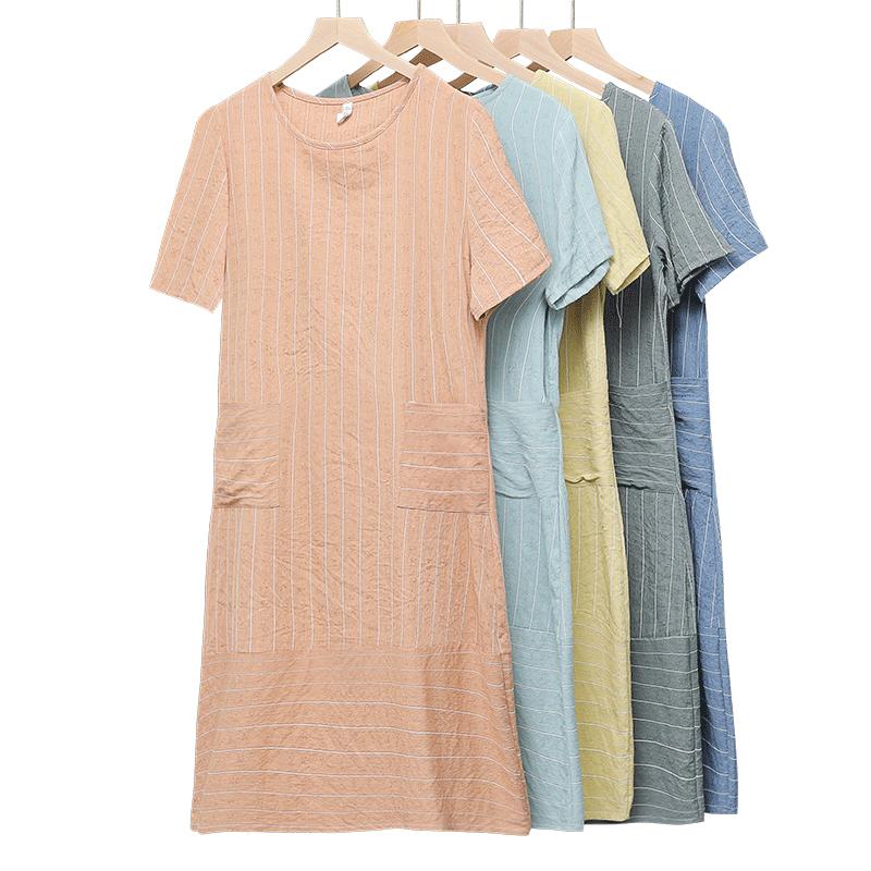 Sommer Gestreiftes Midikleid Frauen Casual Lose Kurzarm Plus Size Kleider Sommerkleidung Mit Taschen