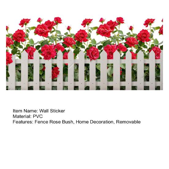 Fence Rose Bush Wall Sticker Removable Waterproof PVC Red Flower Pattern Sticker Home Office Living Room Bedroom Wall Decoration Decal