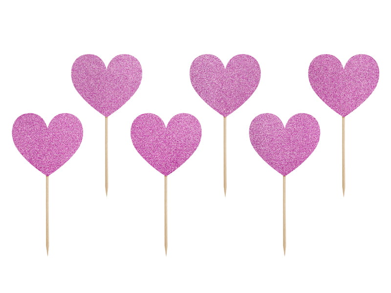 Dark Pink Hearts Cupcake Cake Toppers 6 Pcs