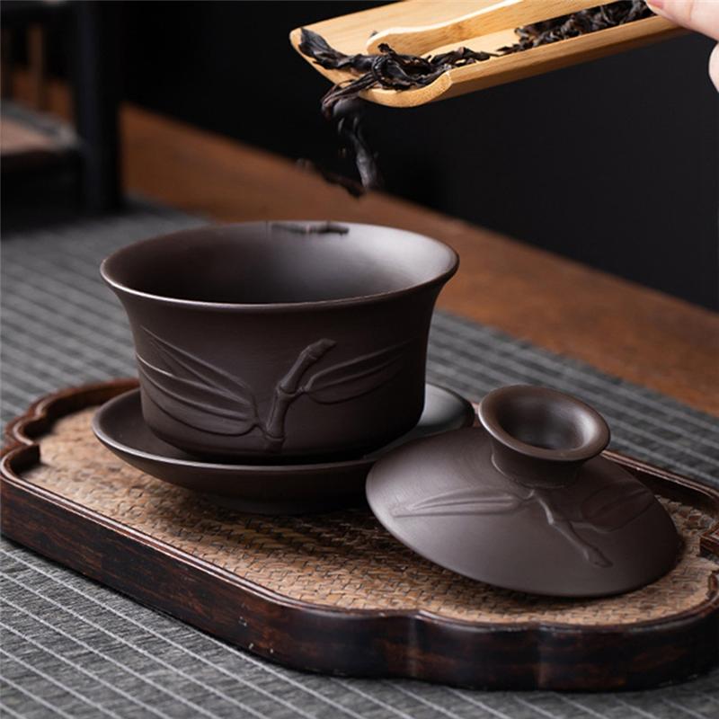 A84E-Clay Tea Set Featuring Teapot Covered Bowl, Teacup, Large Covered Bowl, Household Tea Bowl, Tea Brewing Accessories