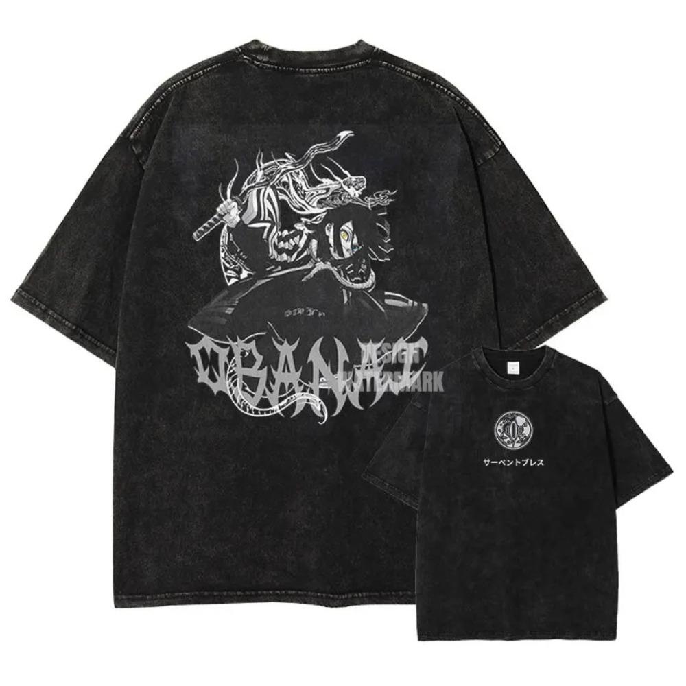 Demon Slayer Nezuko Vintage Washed Doppelseitiges Grafik-T-Shirt, Sakura & Blutdämonenkunst Oversized Streetwear Tee, Unisex Anime Freizeit-Oberteil