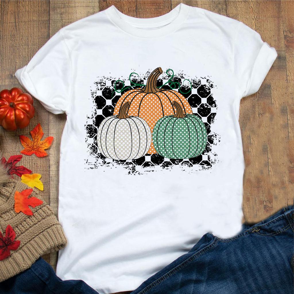 Halloween Be Thankful Pumpkin Print Women White T Shirt Sweet Fall Greatful Blessed Female Short Sleeve