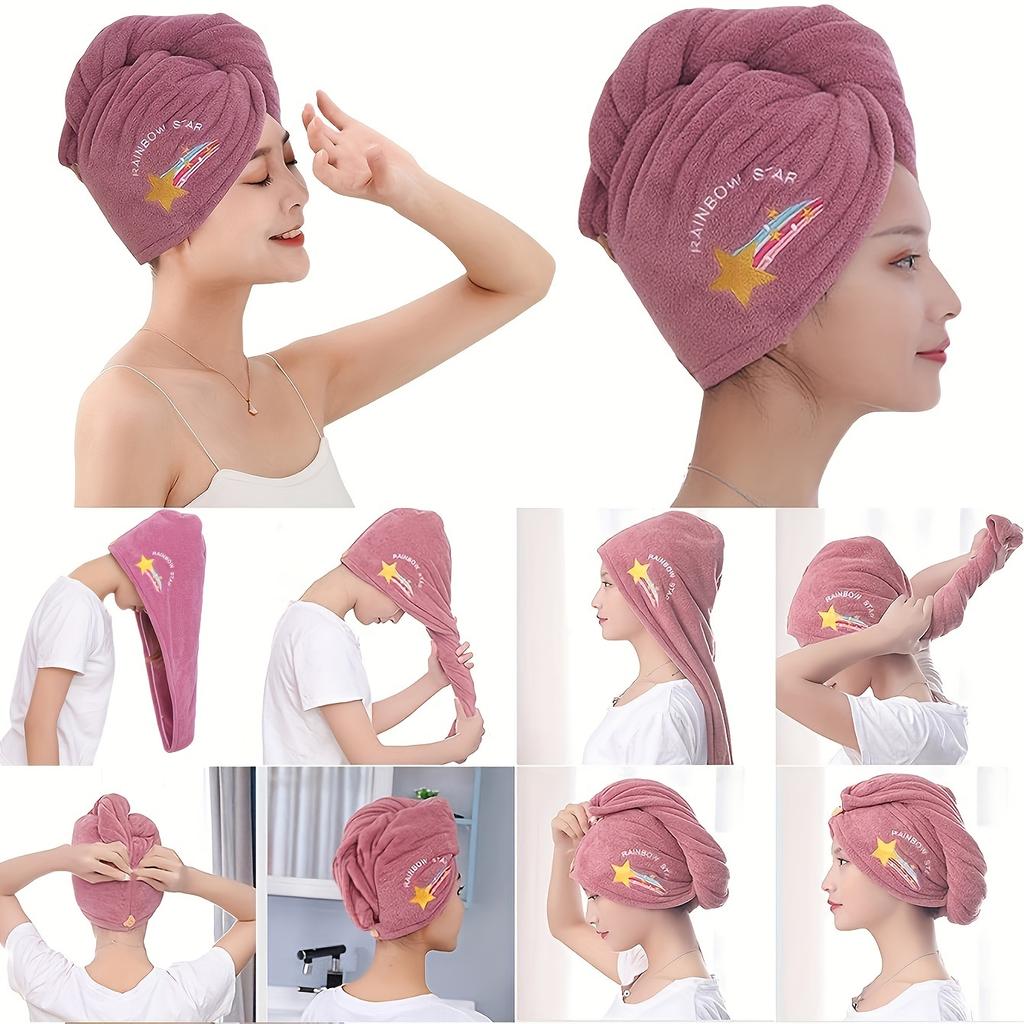 Knit Hair Towel - Absorbent Quick-Dry Wrap, Soft & Stylish with Secure Button, Contemporary Cartoon Design for Women