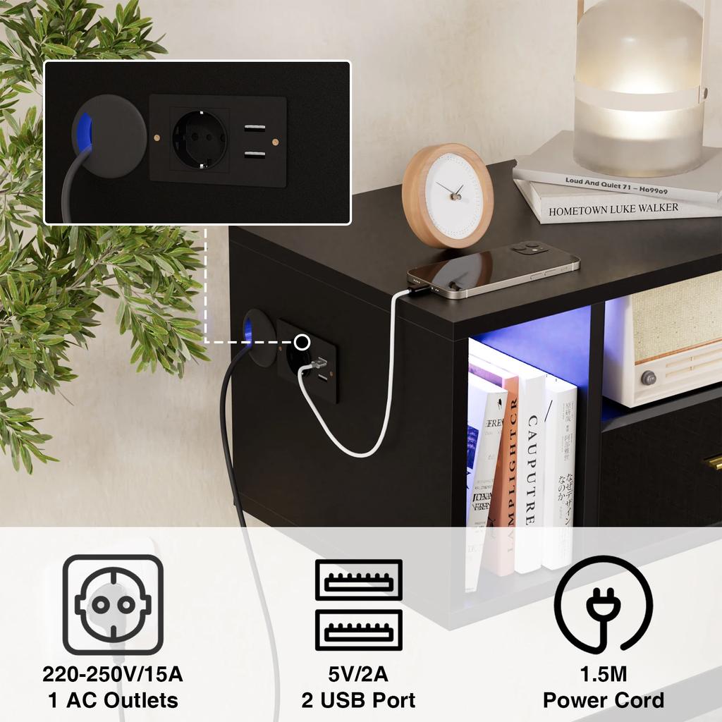 Space-saving Wall-mounted Bedside Table Wood With 1 Drawer Charging Station 1AC 2USB EU Plug Lamp Strip Floating Model Black For Bedroom