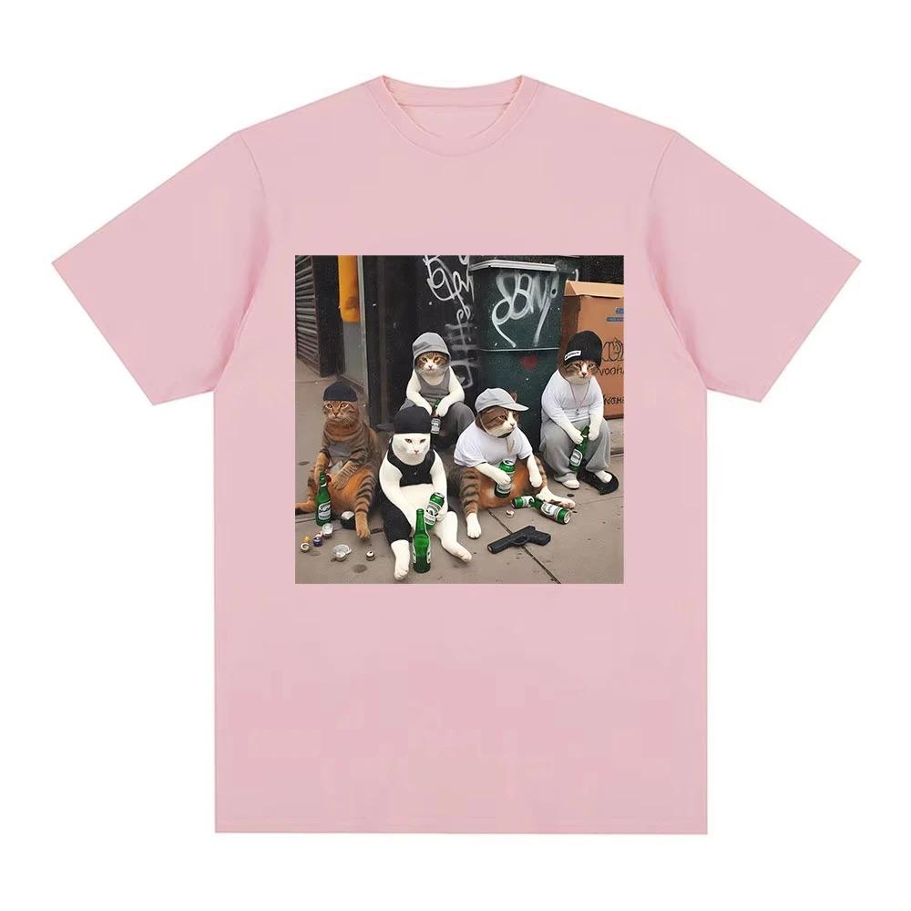 Cat Gang Meme Pattern TShirt Womens Fashion Vintage Short Sleeve Harajuku Style Casual Aesthetic Apparel Tshirts
