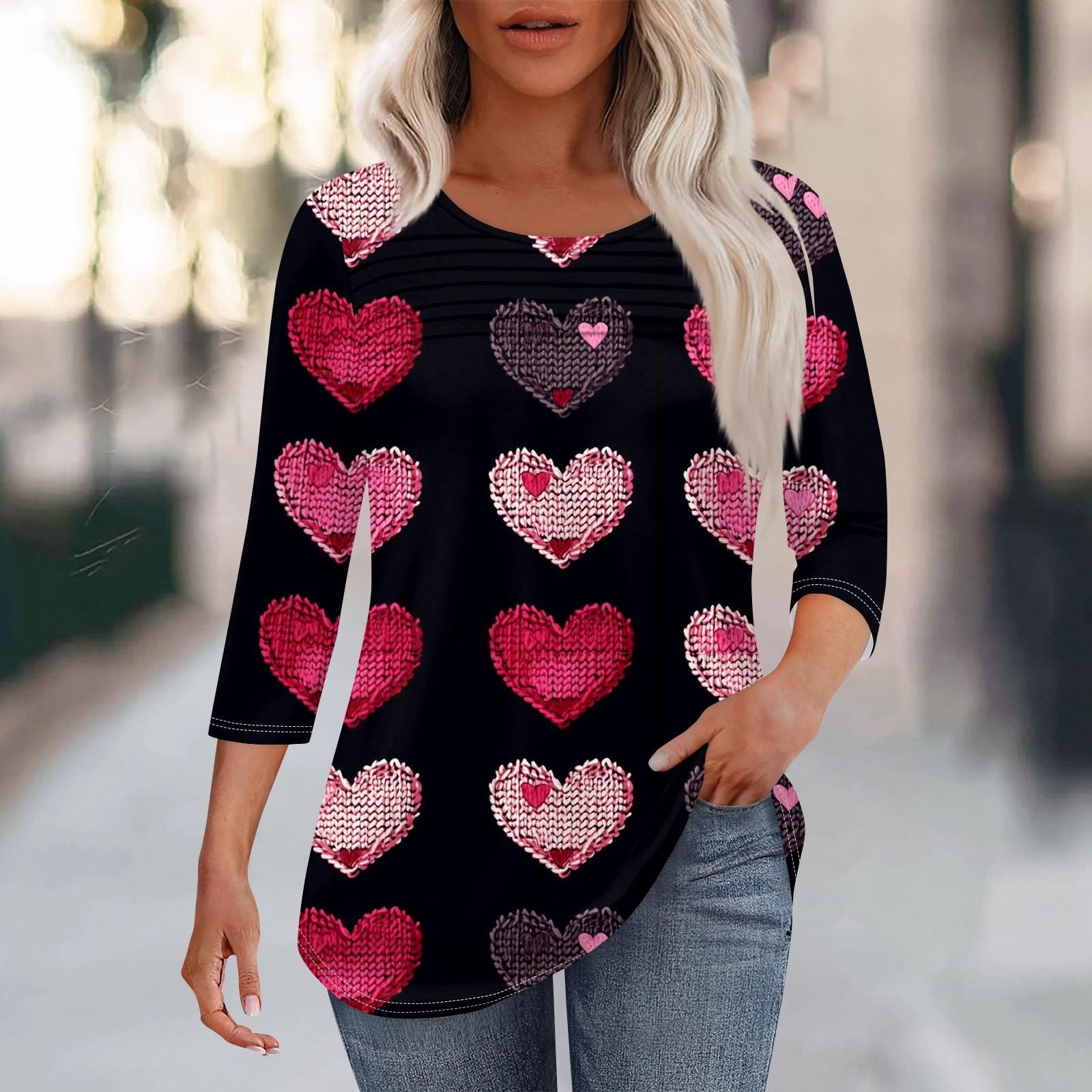 

Женская мода круглый вырез шея плиссированный спереди с принтом ко Дню святого Валентина рукав три четверти L чёрный