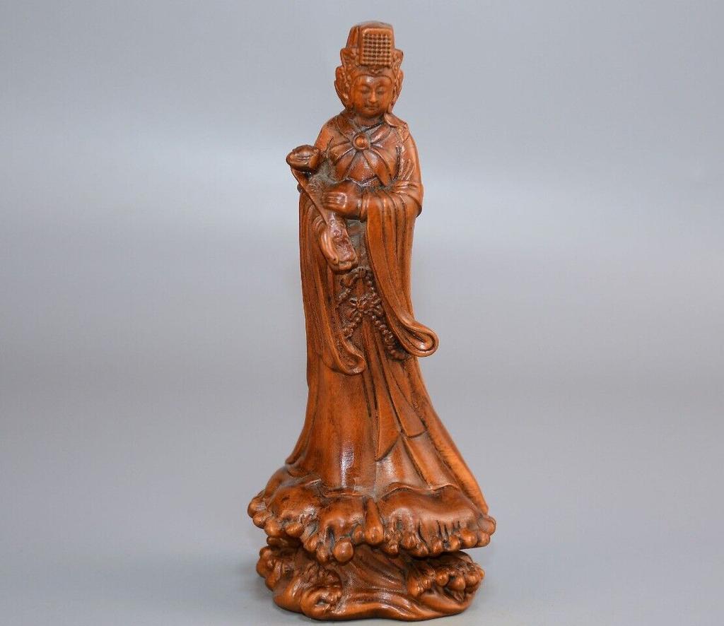 Chinese Natural Boxwood Carved Mazu Figure Statue Wooden Sculpture Home Decor