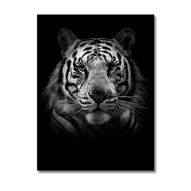 Black and White Wildlife Oil Painting, Tiger, Lion, Elephant Picture, Wall Art Poster and Printmaking Living Room