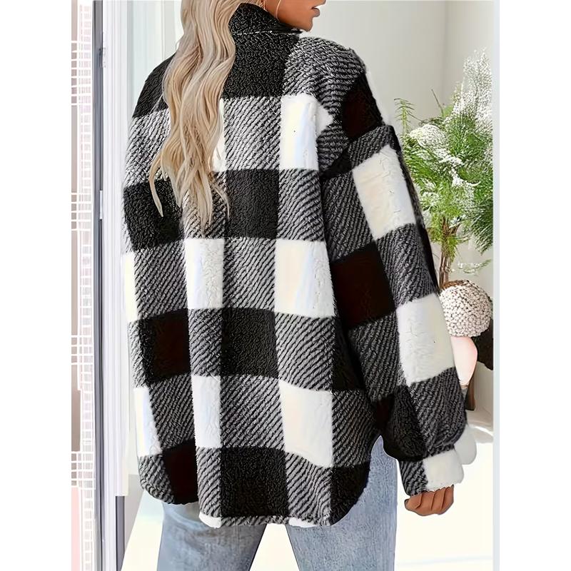 Herbst Plüsch Winterjacke Damen Karoprint Jacke Dick Plüsch Warm Print Langarm Mantel Winter Locker Umlegekragen Damenmantel