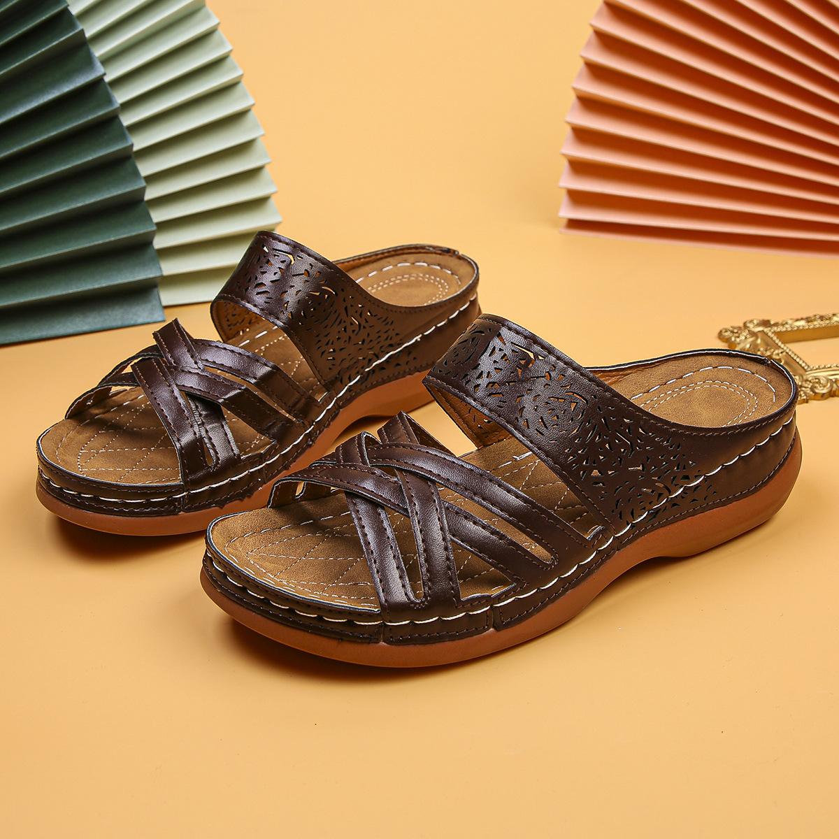 

Женские сандалии из искусственной кожи на покатом каблуке с пляжным шитьем, массажные гранулы, электронная коммерция 43 темно-коричневого