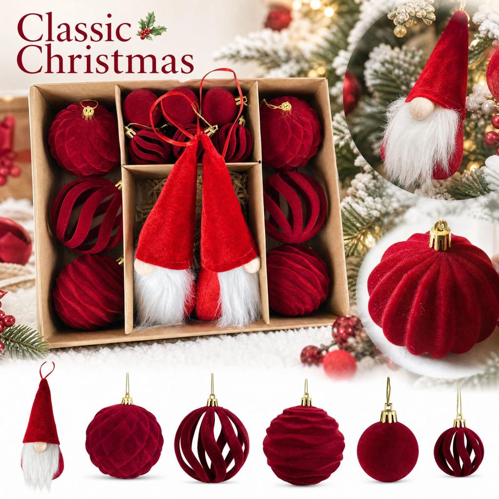 Christmas Ornaments Set with Faceless Santa Hanging Decor, Painted and Flocked Tree Balls, Box