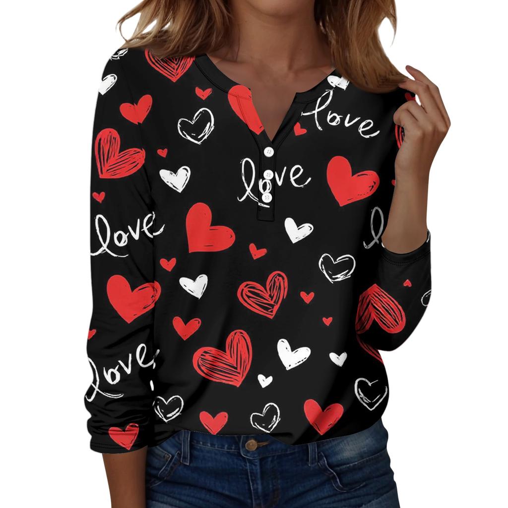 Damen T-Shirt mit Weihnachtsdruck, Knopfleiste, lange Ärmel, für den Alltag, Wochenende, modisch, Basic, V-Ausschnitt, normales Oberteil