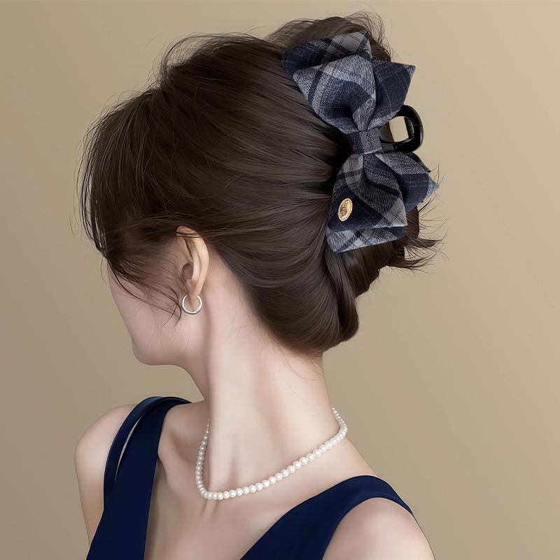 Retro Plaid Shark Clip Korean Temperament Bow Ponytail Clip Hair Accessories