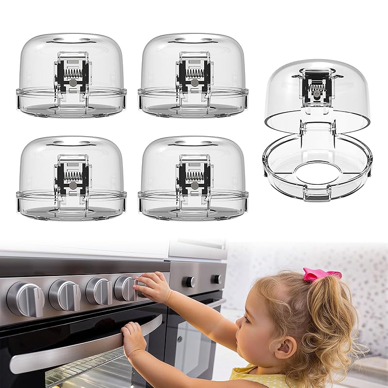 Stove Knob Covers - 5 Pack Heat Resistant Gas Stove Knob Covers with Child Proof Lock & Strong Adhesive, Oil-Proof Oven Knob Covers with