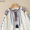 ZANZEA Women Boho Print Summer Casual Round Neck 3/4 Sleeve Blouse