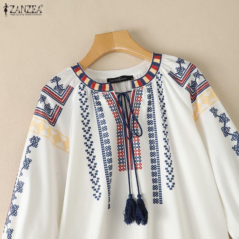 ZANZEA Women Boho Print Summer Casual Round Neck 3/4 Sleeve Blouse