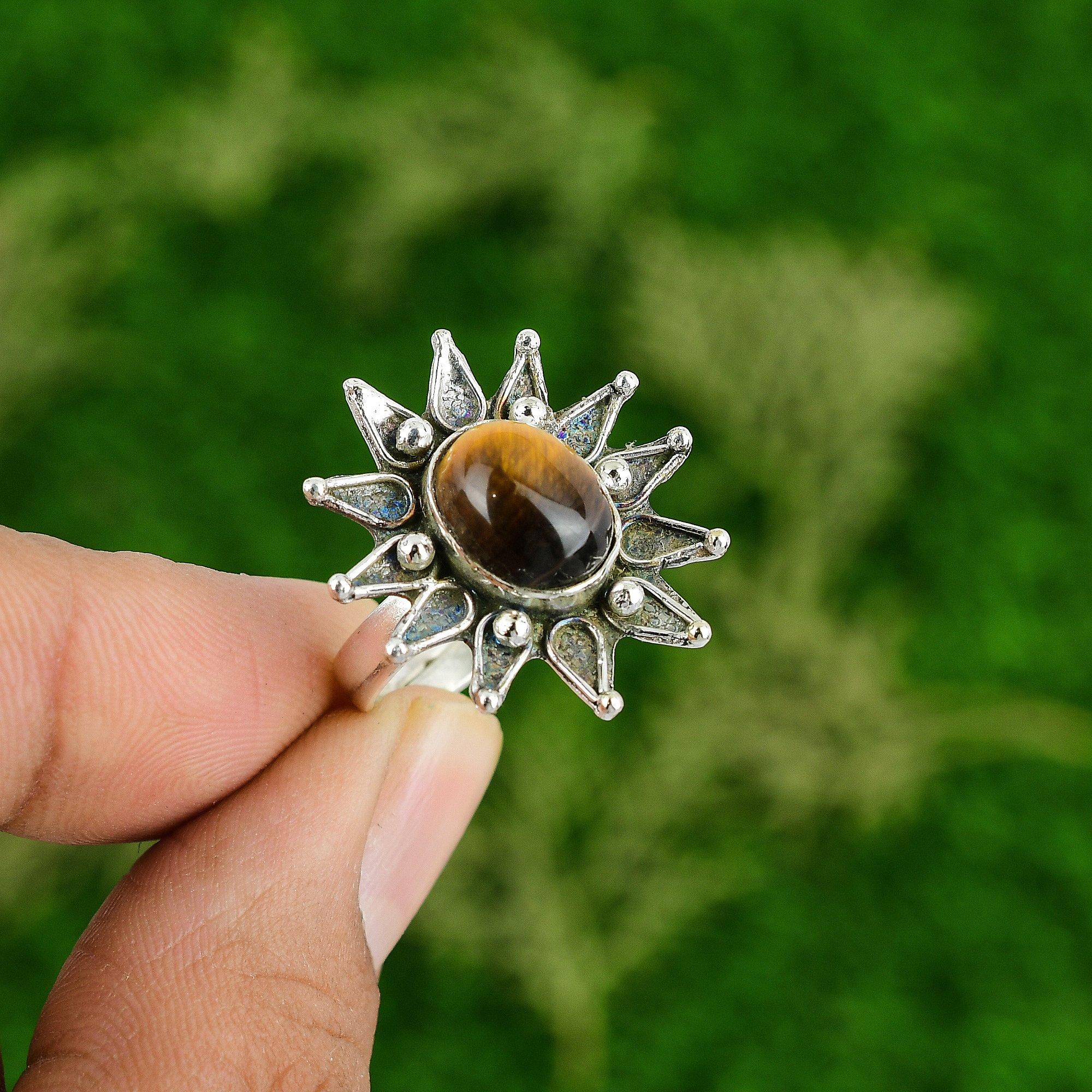 

Natural Tiger S Eye Gemstone Stackable Flower Yellow Adjustable Ring 925 Silver Adjustable