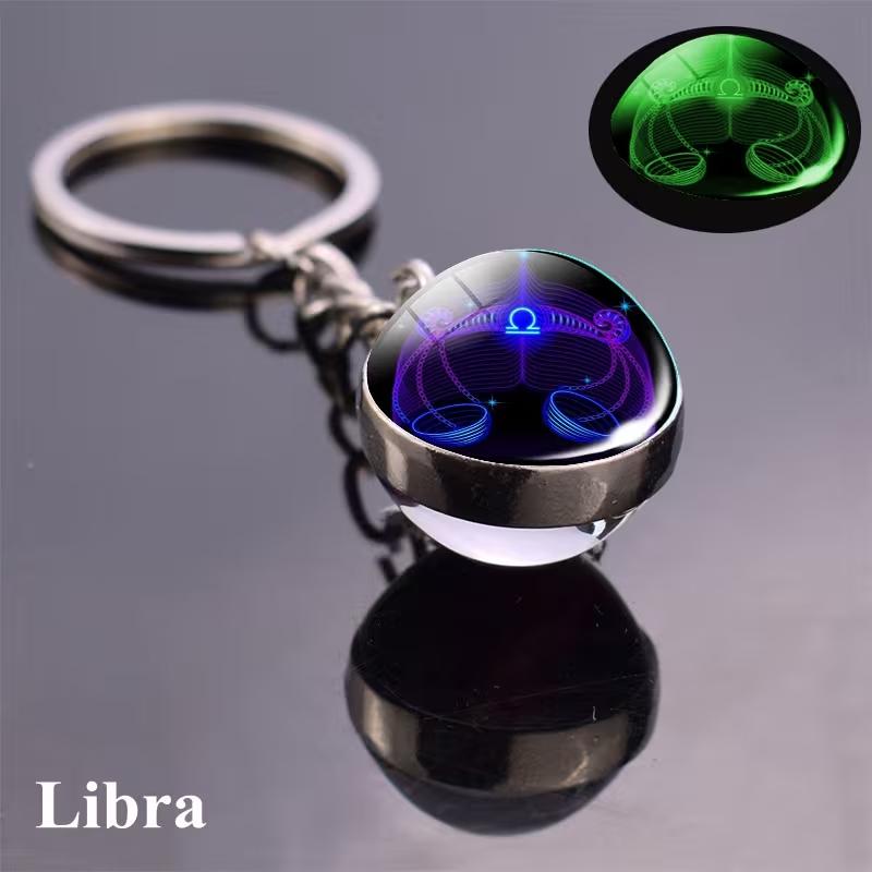 Luminous 12 Constellations Keychain Double-Sided Glass Ball Zodiac Pendant Key Ring