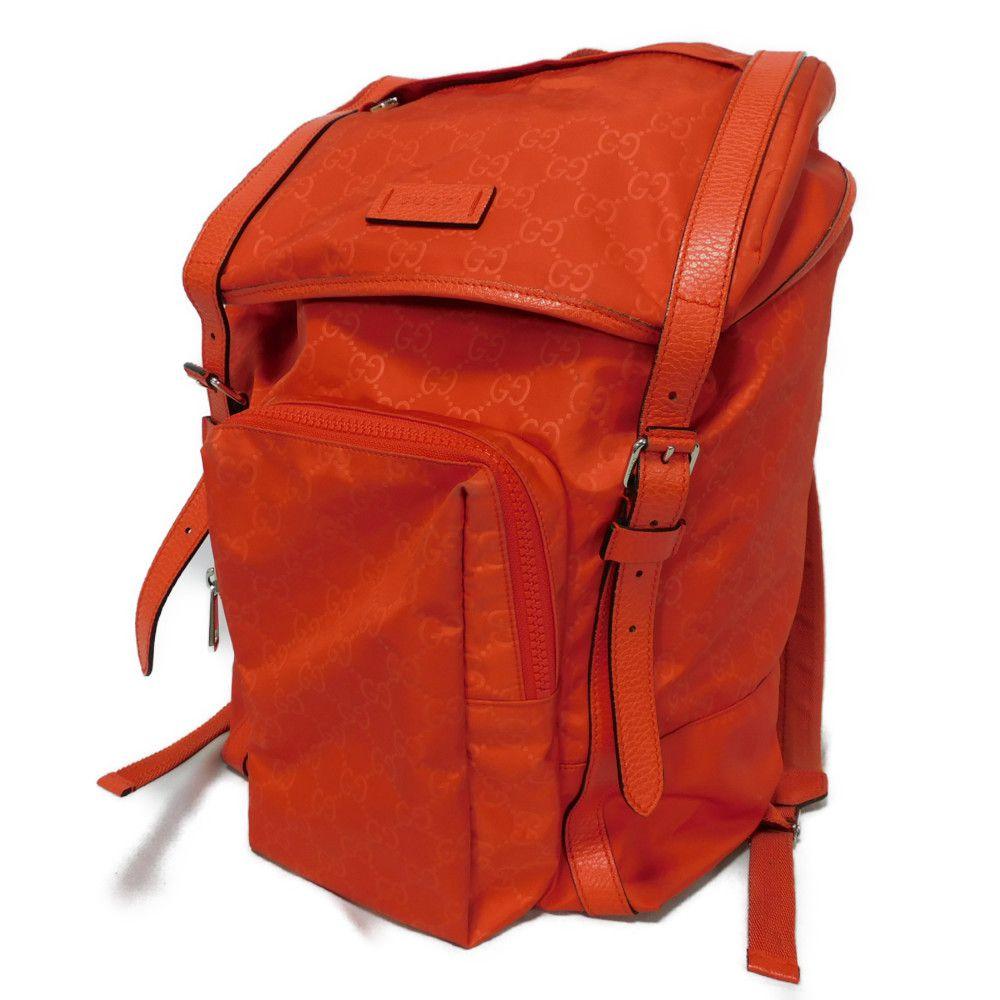 Used 9539 GG Nylon Daypack 387071 7927 Double G Calfskin Drawstring Logo Embossed Orange Red Men's from Japan AUTHENTIC