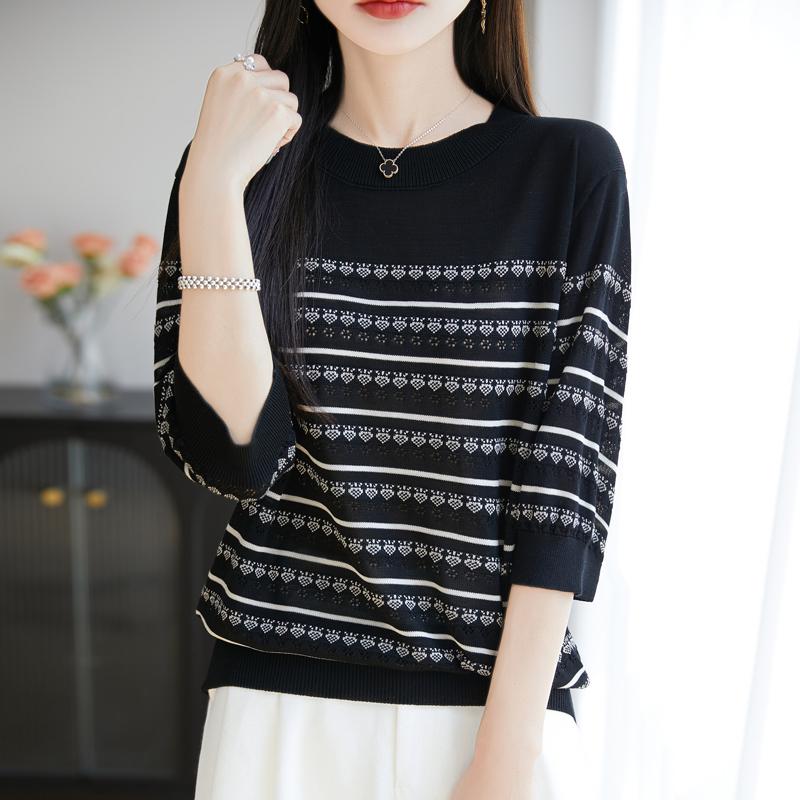 Women Knit T-shirt MODERN NEW SAGA Summer Knitted Shirt Short Sleeve Tees O-neck Patchwork Pullover Knit Tops