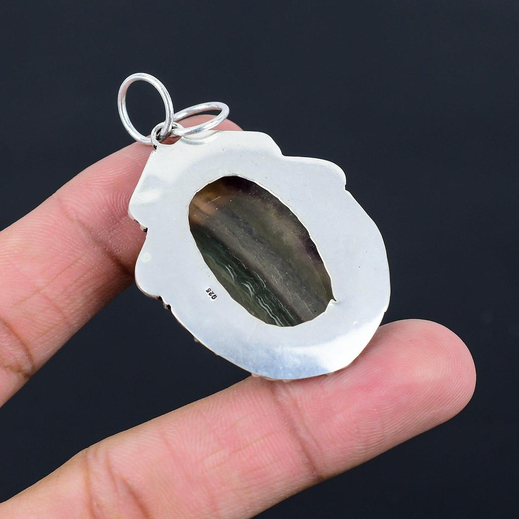 Daughters Day Sale Oval Multi Fluorite Stone Bezel Pendant 925 Sterling Silver