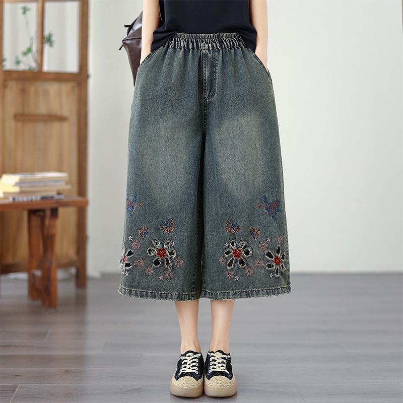 Women s Plus Size Retro Loose Thin Embroidered Summer Denim Wide-Leg Cropped Pants Large