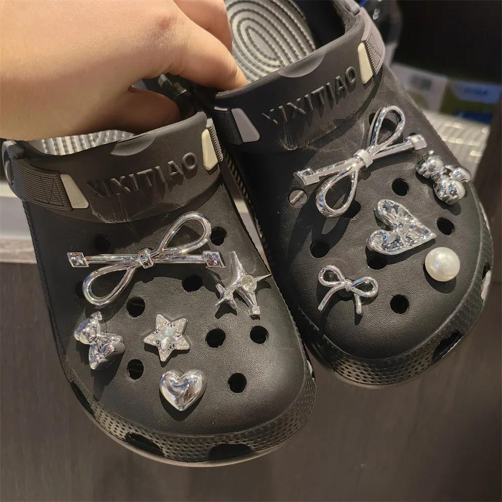 Set DIY Bow Star Pearl Shoe Decorations Silver Advanced Black White Dot Shoe Charms Detachable Buckle Shoes Accessories 1 Set