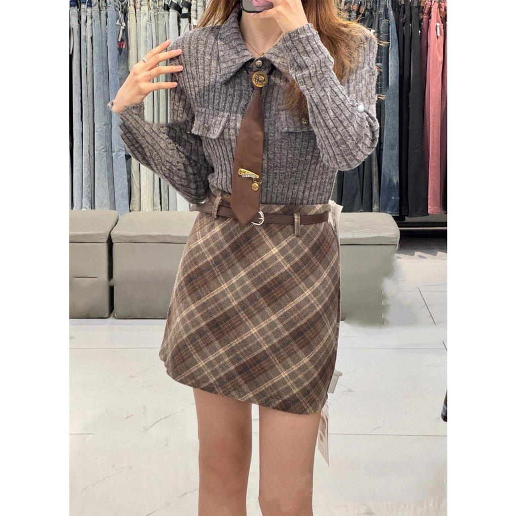 Slimming Plaid Woolen Skirt for Women - Elegant Korean Style, Knee-Length, Anti-Exposure