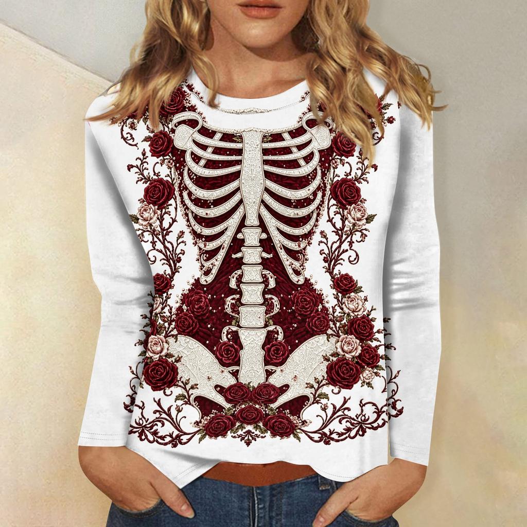 Women's Long Sleeve Halloween Print Neck Tunic Top Casual Pullover