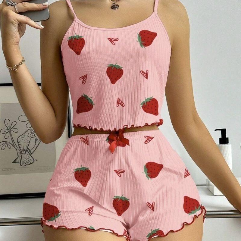 European and American Women's Strawberry Print Pajama Set - Ribbed Camisole and Shorts, Suitable for All Seasons
