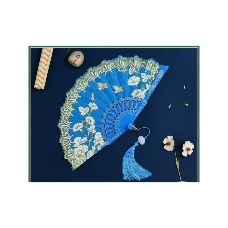 1Pc Chinese Ancient Style Flower Women Folding Fan with Tassel Fringe Hanfu Cheongsam Dance Fan Photo Props Summer Handheld Fan