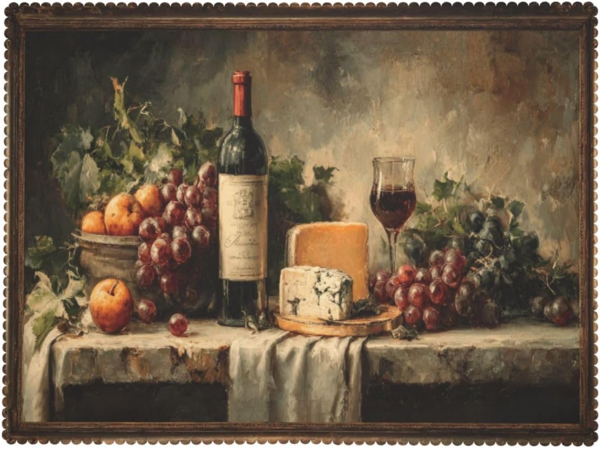 Nappe Rétro Bouteilles de Vin Verres Raisins Fromage Fruits Frais Housse de Table Résistante aux Plis Décoration de Fête de Cuisine 140x160cm