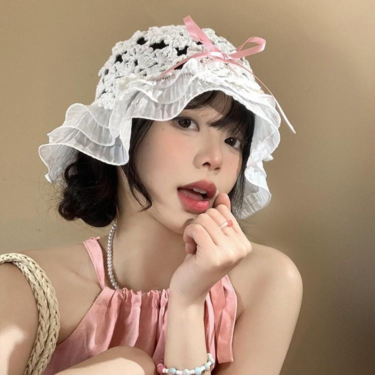 Knitted Hollow Bow Fisherman Hat Women Sun Protection Face Small Lace Basin Hat Japanese Big Head Hat Trendy