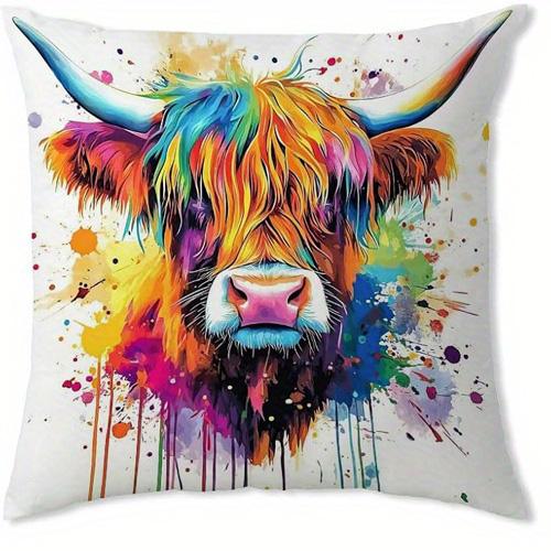 Home Decor Colorful Highland Cow Pillow Covers with Splashes Pattern Cushion Cover Suitable for Sofa Bedroom Car Pillow Cover