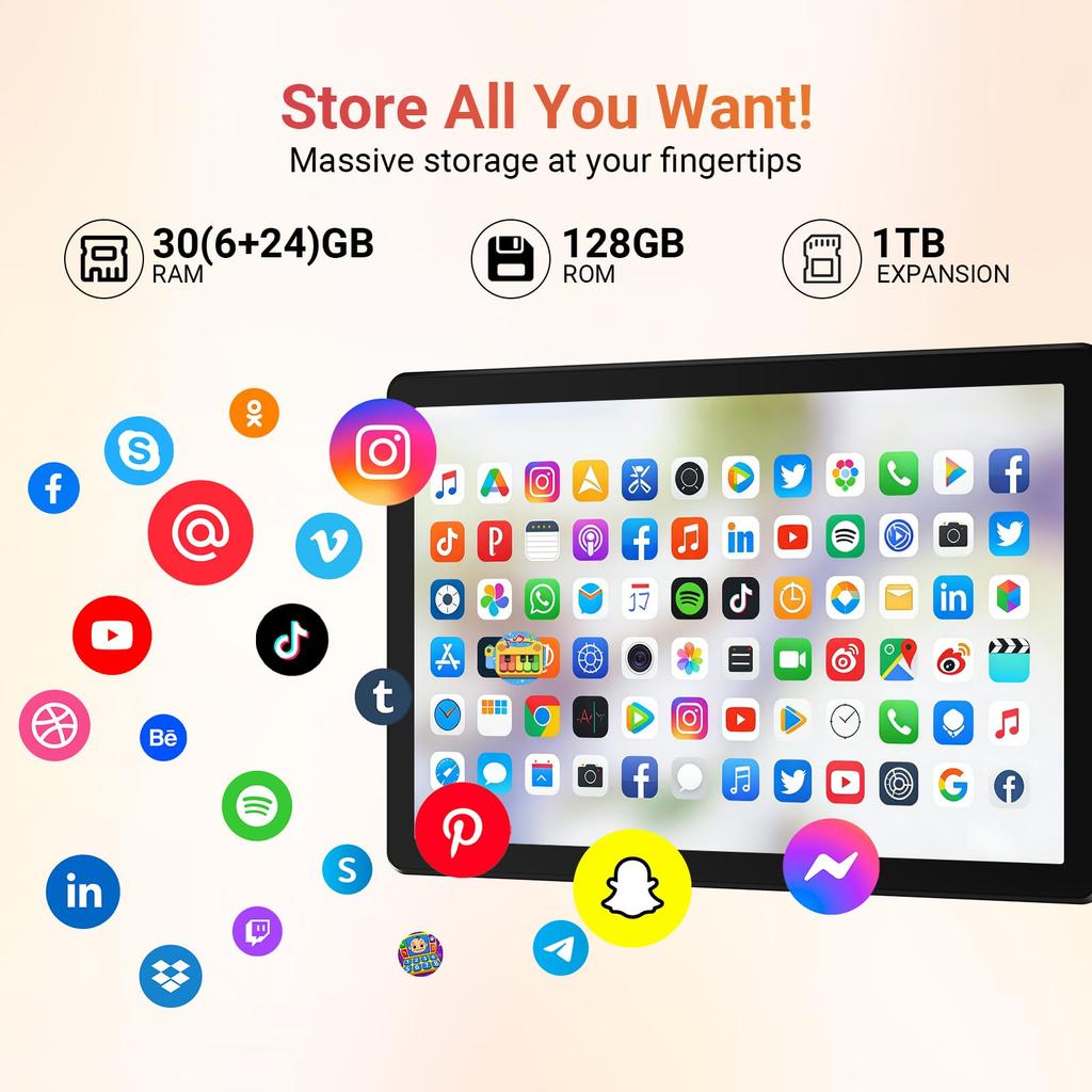 Tablet Android 16, 10,1 Pollici, 30 GB di RAM + 128 GB di ROM, Batteria da 5000 mAh