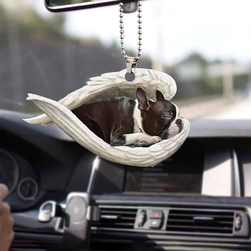 Creative Sleeping Angel Wing Puppy Memorial 2D Flat Car Rear View Mirror Accessories Ornament Decoration Hanging Charm Pendant
