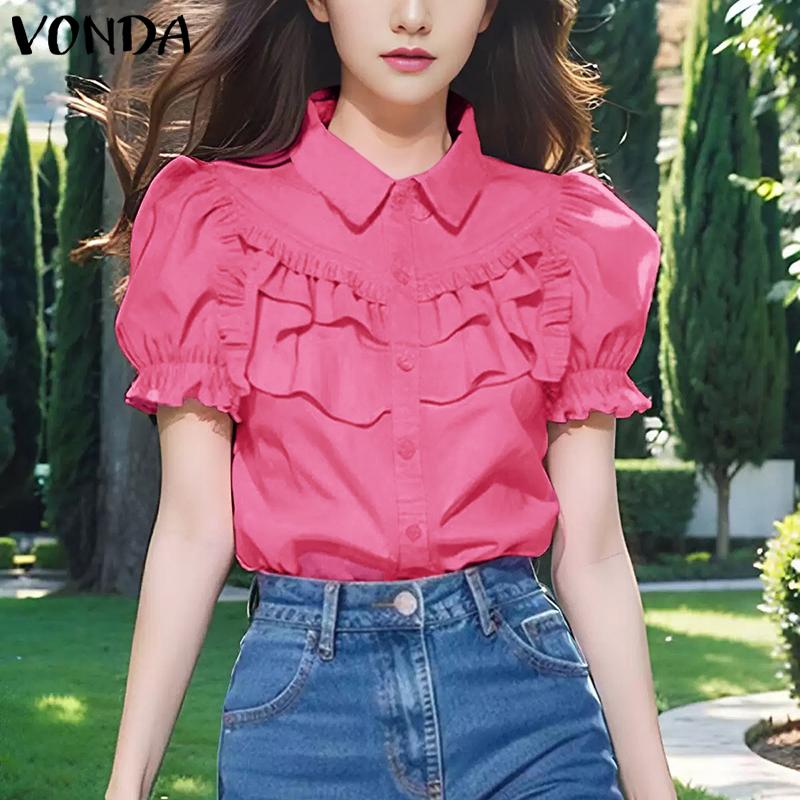

VONDA Женская летняя повседневная блузка с воротником-стойкой и рукавами-фонариками, оборками и пуговицами 5XL
