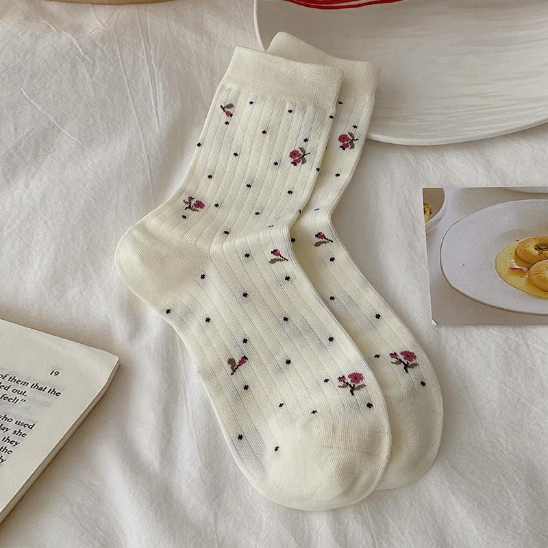 Fresh and Delicate Floral Print Socks, Women's Retro Mid-calf Socks, Spring and Autumn Thin Pile Socks, Sweat-absorbing Boneless Socks