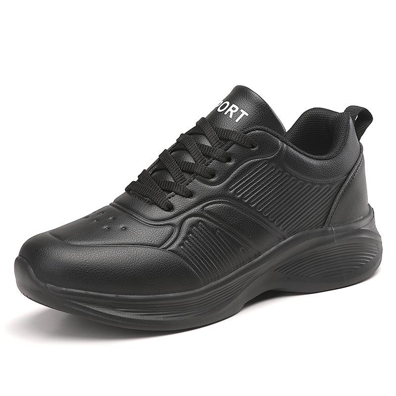 All-black Sneakers Women's Autumn Leather Surface Waterproof Soft Sole Lightweight Pure Black Long Standing Without Tiring Feet Work Shoes Large Size