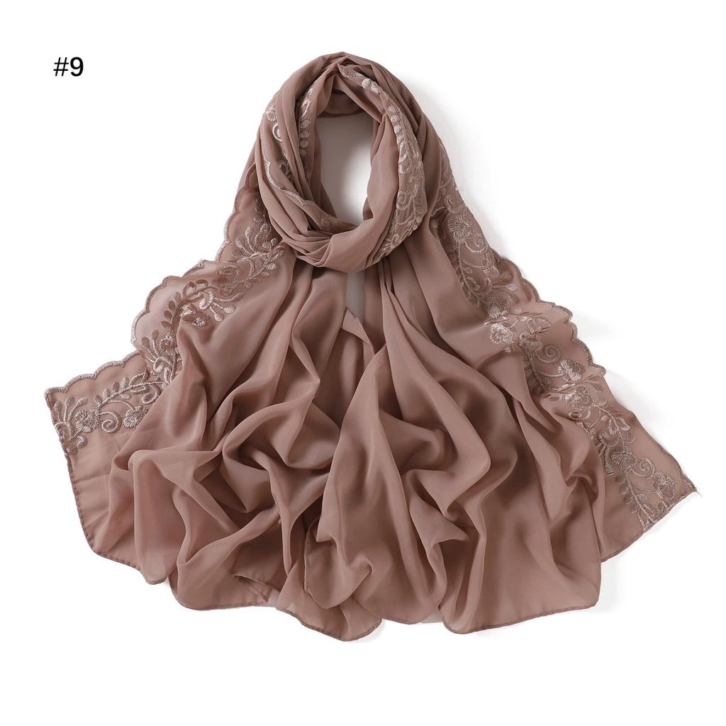 Embroidery Lace Chiffon Hijabs For Women Vine Heavy Pearl Industry Edge Long Scarf Light Scarf Headscarf Shawl Turban Ramadan